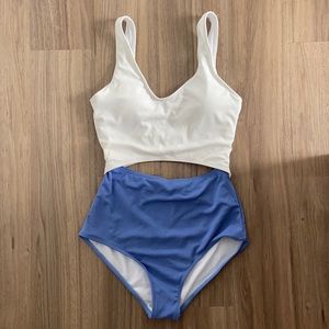 White and blue cut out bathing suit
